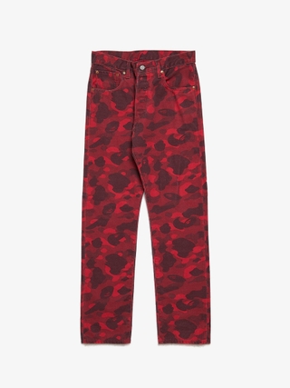 Bape Red Multi Logoed Camo Buttoned Cotton Jeans