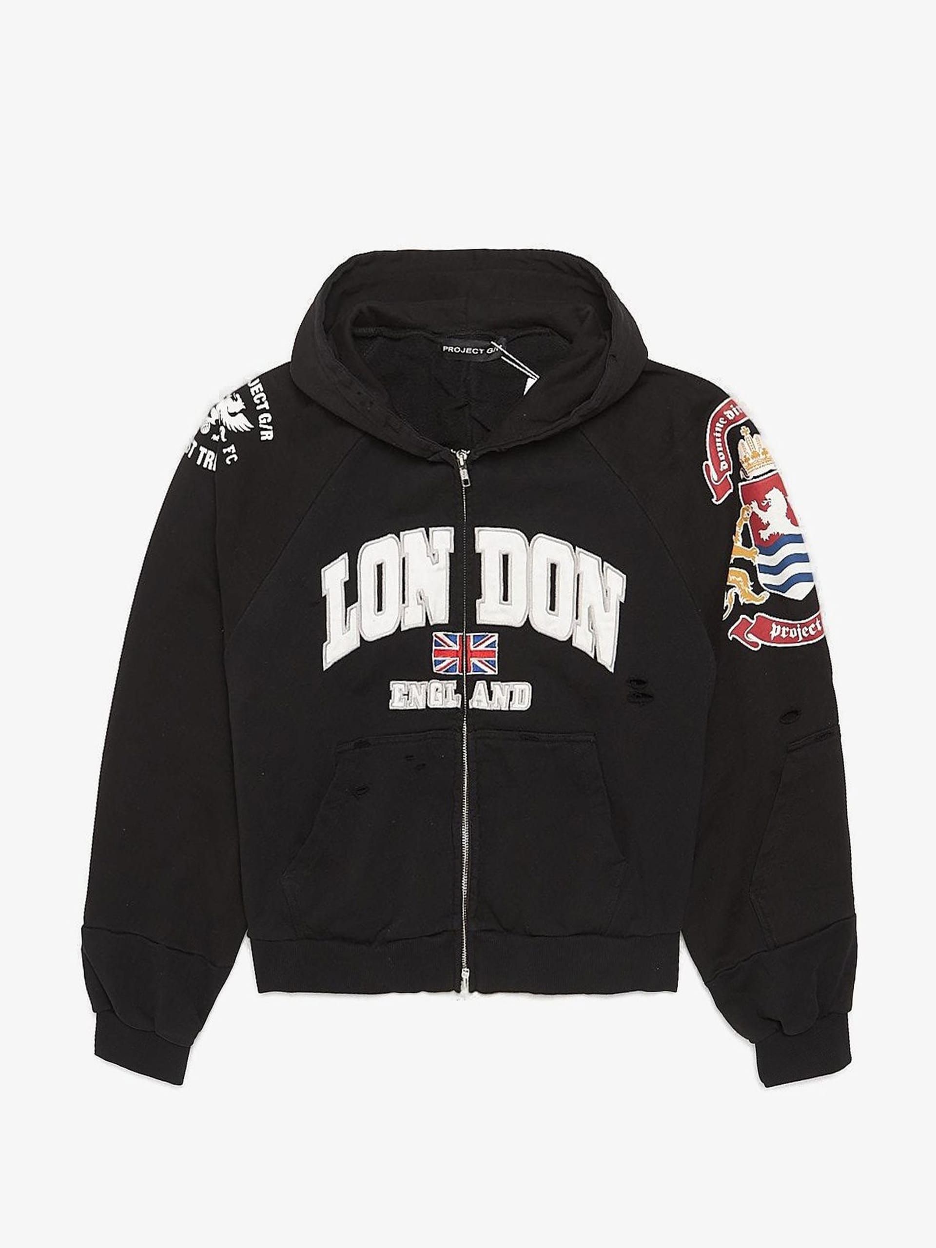 PROJECT G/R LONDON ジップフーディー Project GR Black Reconstructed Folded Zip Hoodie