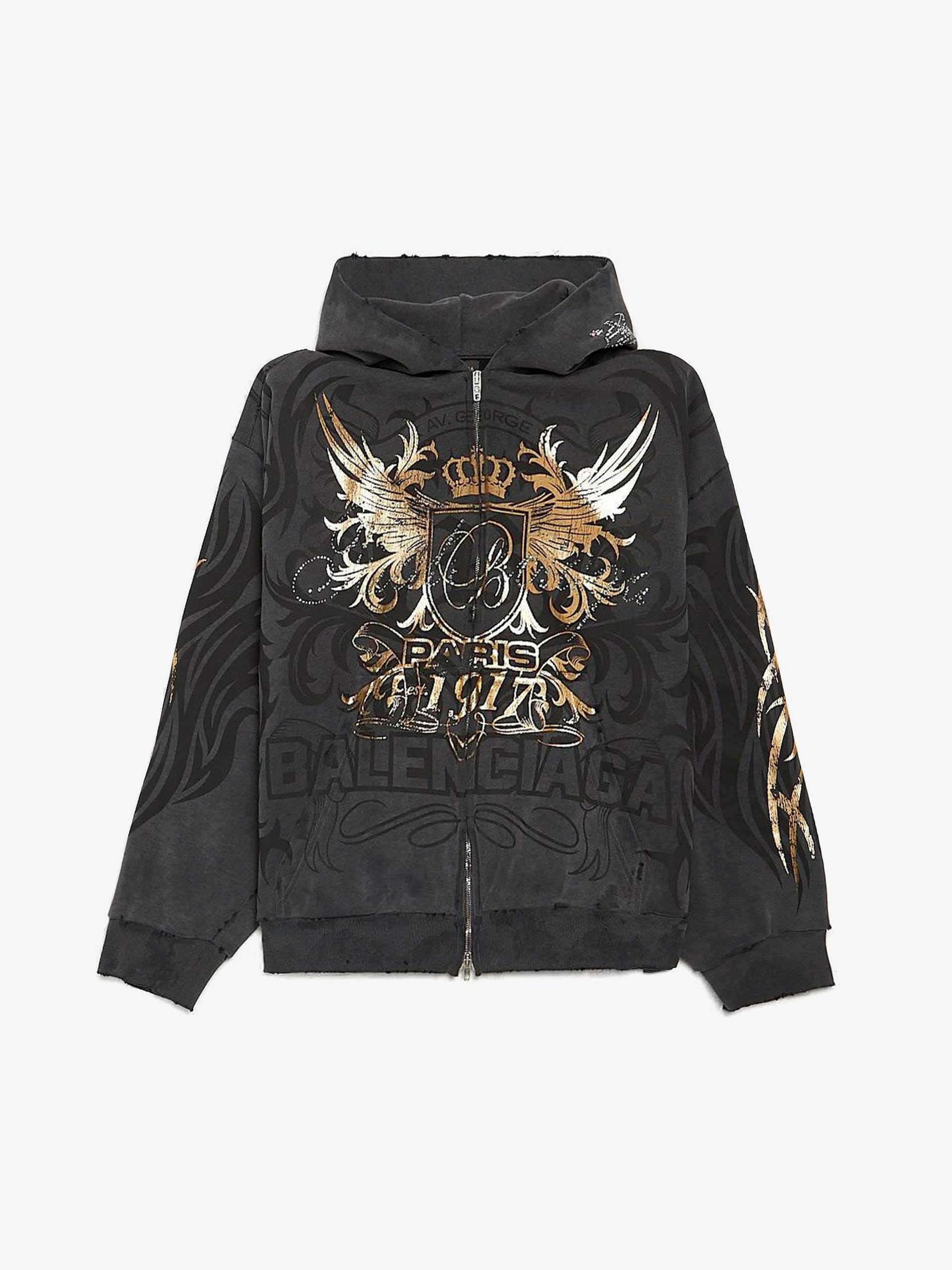 BALENCIAGA SS17 PARIS パーカー Balenciaga Gray Paris 1917 Gold Printed Cotton Hoodie